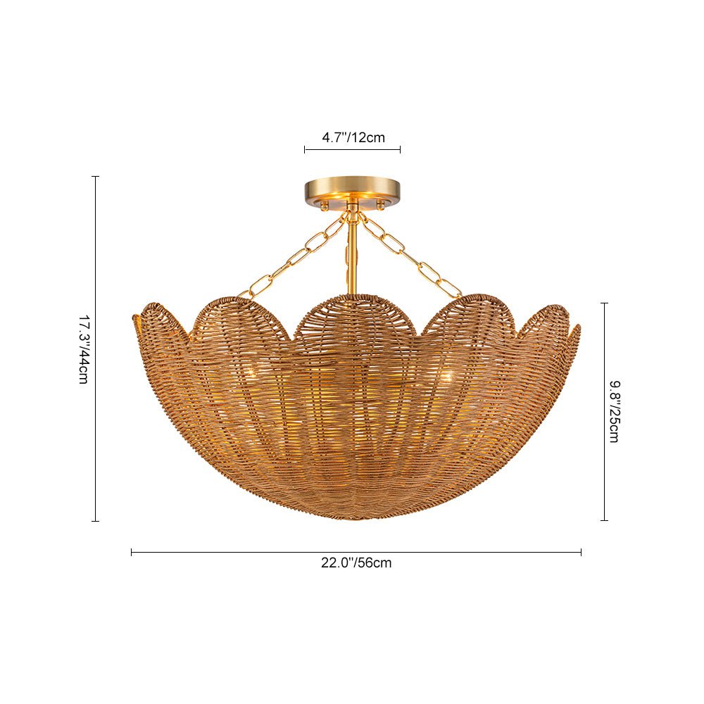 3-Light Scalloped Hand-Woven Rattan Floral Basket Semi-Flush Mount