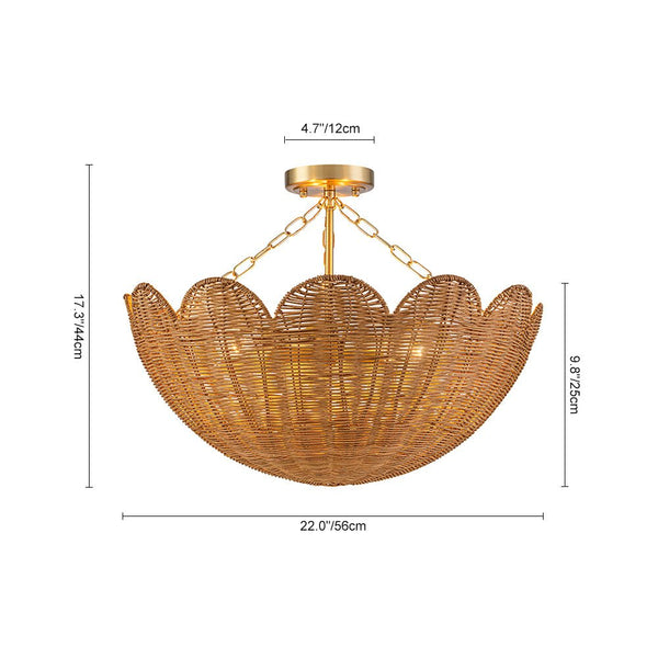 3-Light Scalloped Hand-Woven Rattan Floral Basket Semi-Flush Mount