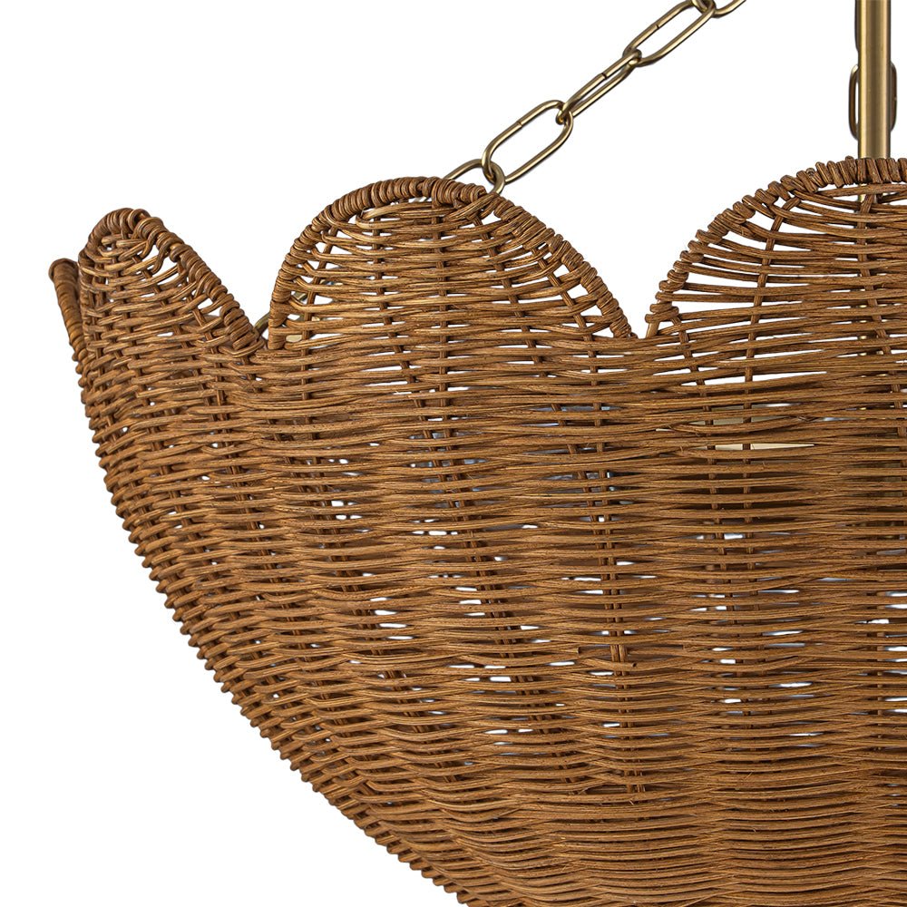 3-Light Scalloped Hand-Woven Rattan Floral Basket Semi-Flush Mount