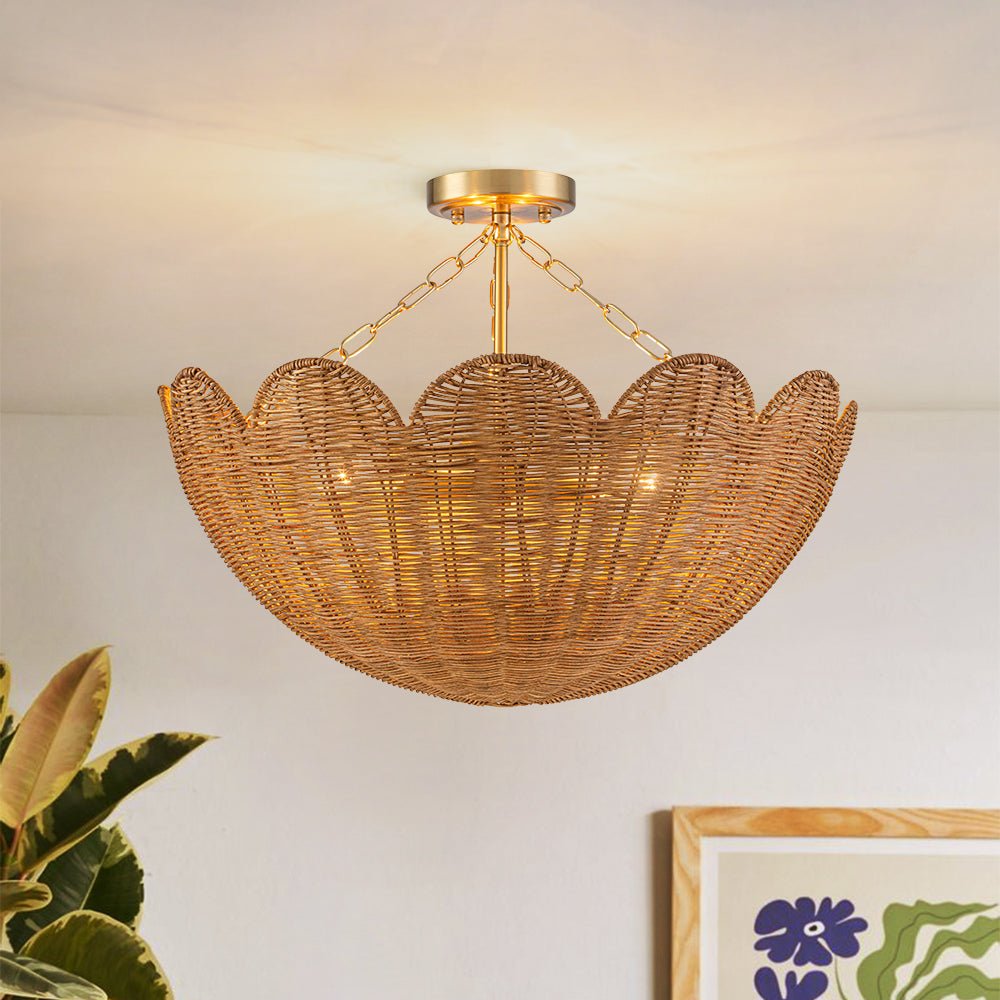 3-Light Scalloped Hand-Woven Rattan Floral Basket Semi-Flush Mount