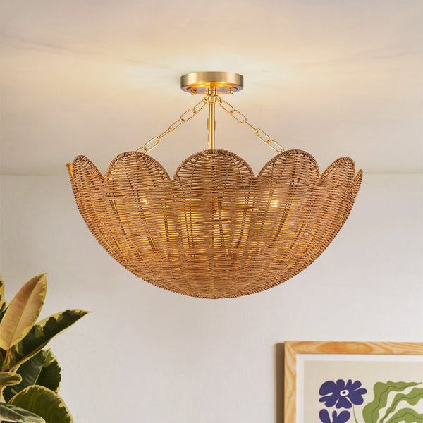 3-Light Scalloped Hand-Woven Rattan Floral Basket Semi-Flush Mount