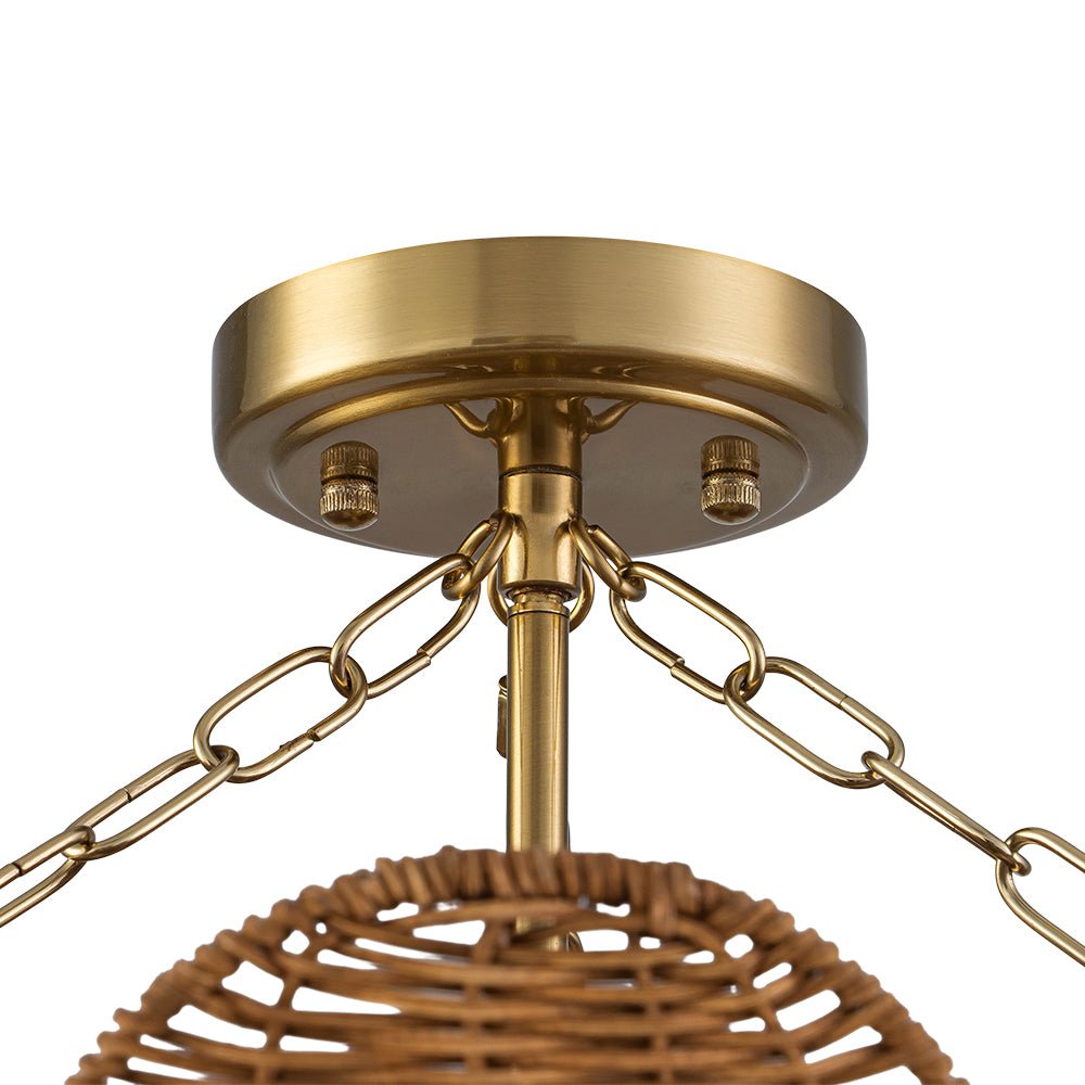 3-Light Scalloped Hand-Woven Rattan Floral Basket Semi-Flush Mount