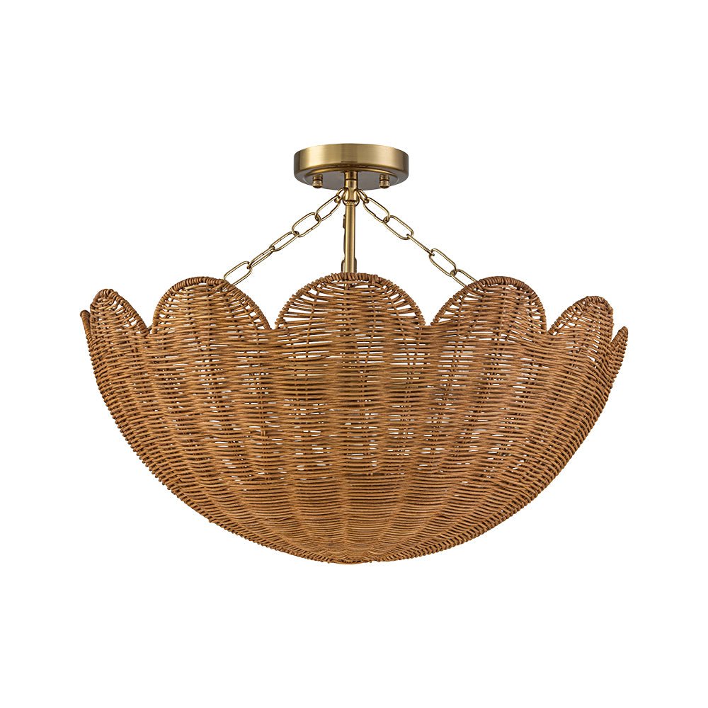 3-Light Scalloped Hand-Woven Rattan Floral Basket Semi-Flush Mount