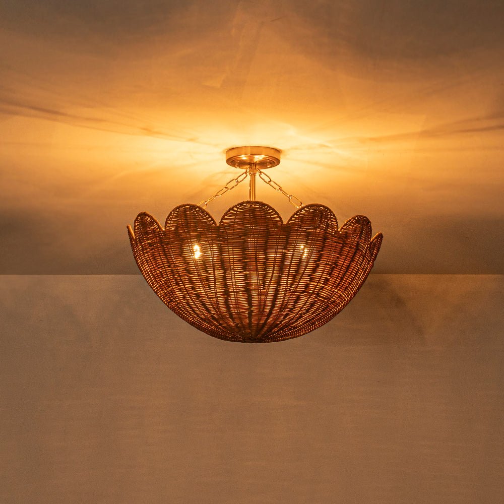 3-Light Scalloped Hand-Woven Rattan Floral Basket Semi-Flush Mount