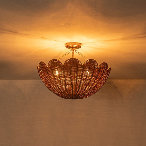 3-Light Scalloped Hand-Woven Rattan Floral Basket Semi-Flush Mount