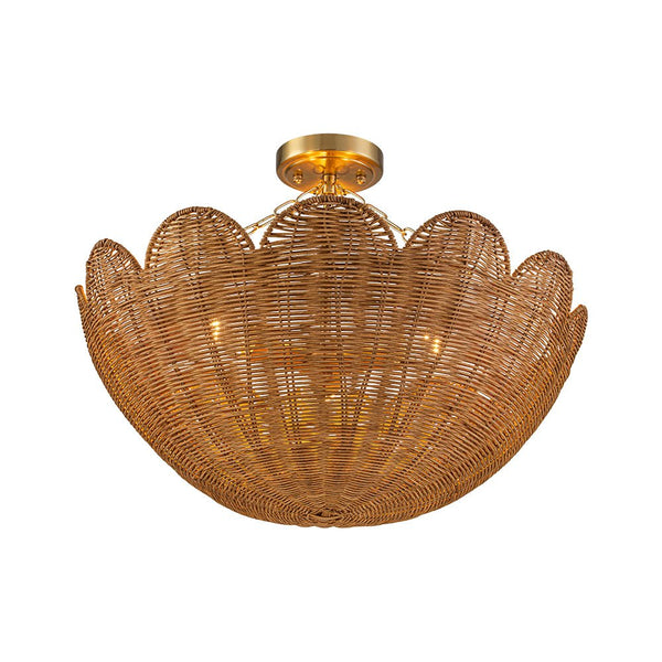 3-Light Scalloped Hand-Woven Rattan Floral Basket Semi-Flush Mount
