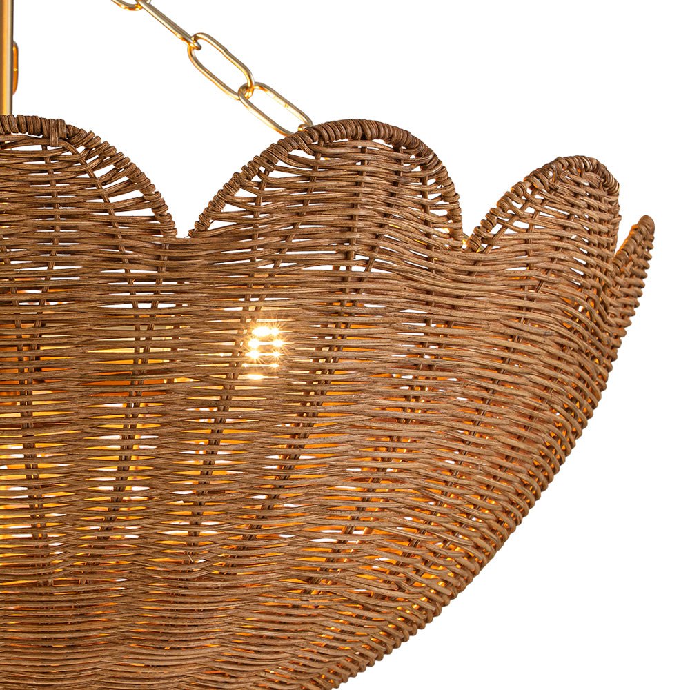3-Light Scalloped Hand-Woven Rattan Floral Basket Semi-Flush Mount