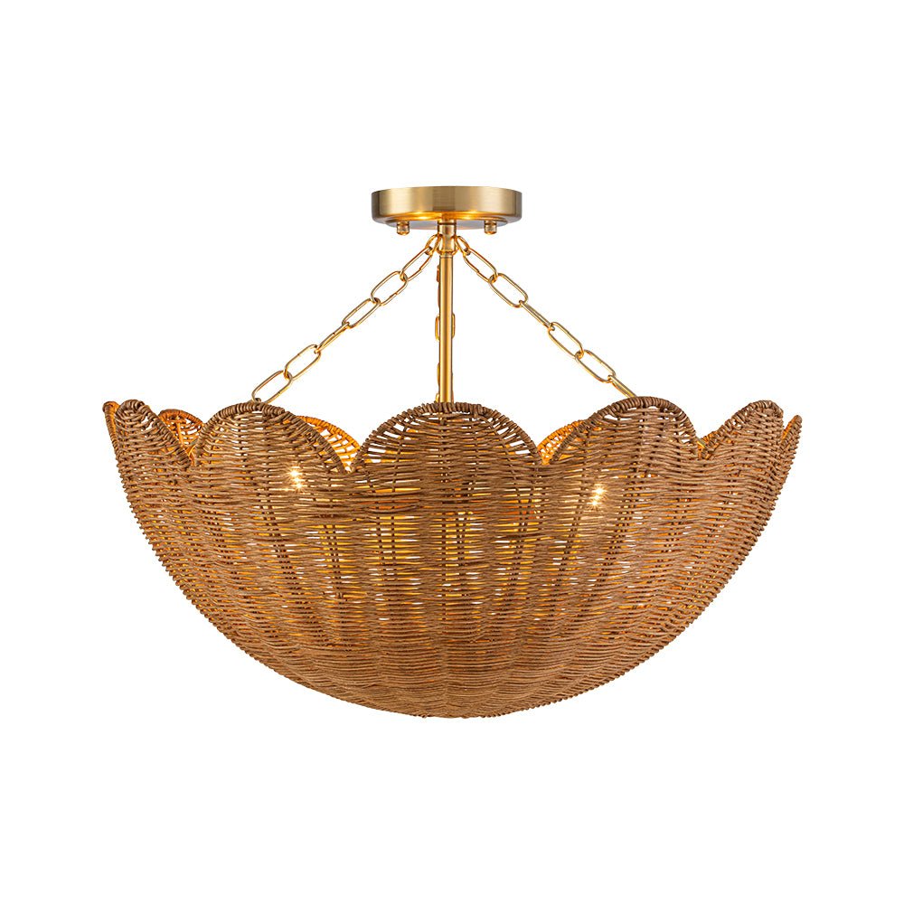 3-Light Scalloped Hand-Woven Rattan Floral Basket Semi-Flush Mount