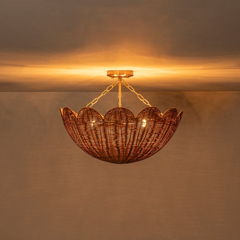 3-Light Scalloped Hand-Woven Rattan Floral Basket Semi-Flush Mount