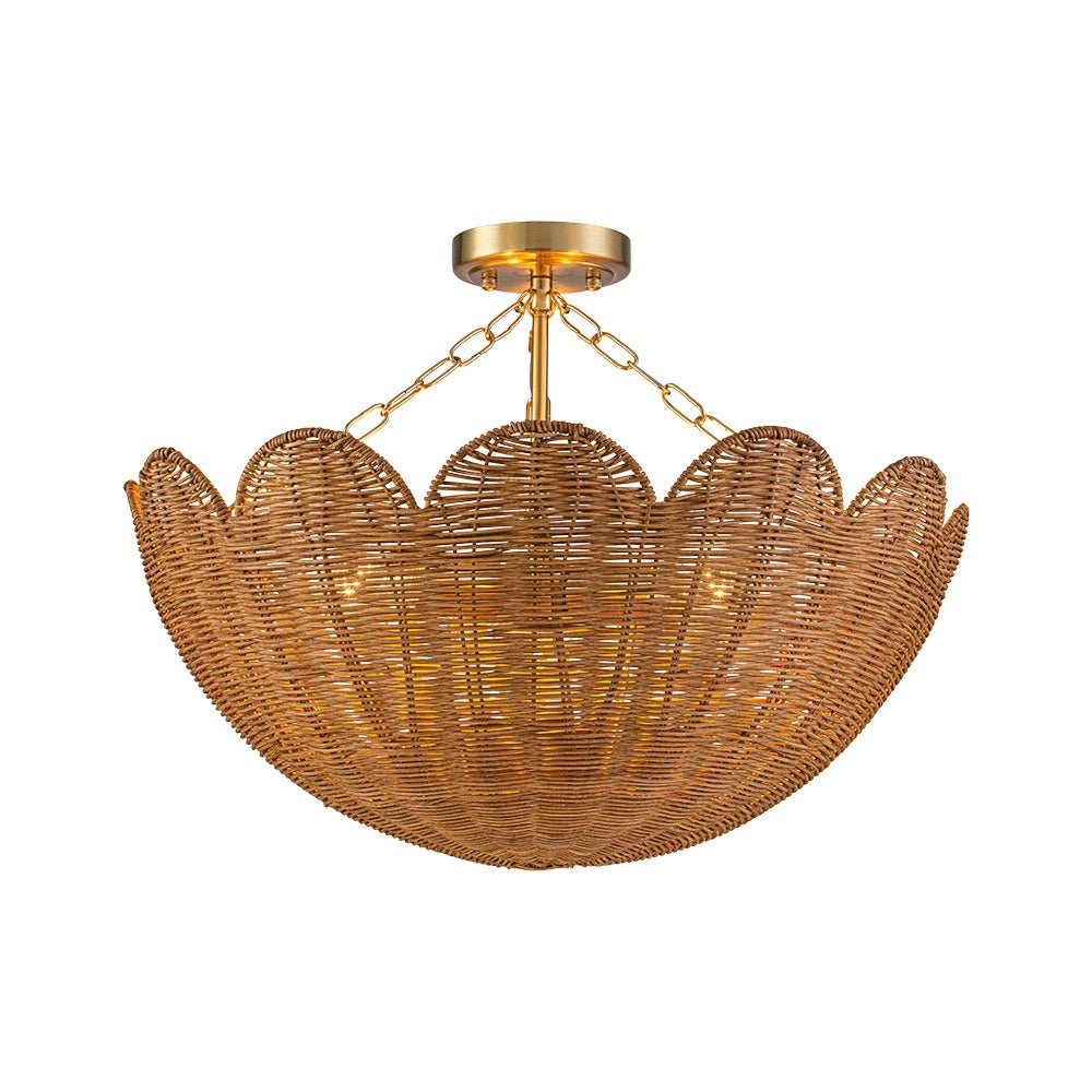 3-Light Scalloped Hand-Woven Rattan Floral Basket Semi-Flush Mount