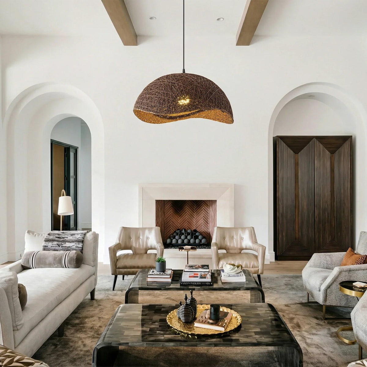 Boho Brown Rattan Hand-Woven Cloche Hanging Chandelier Main image