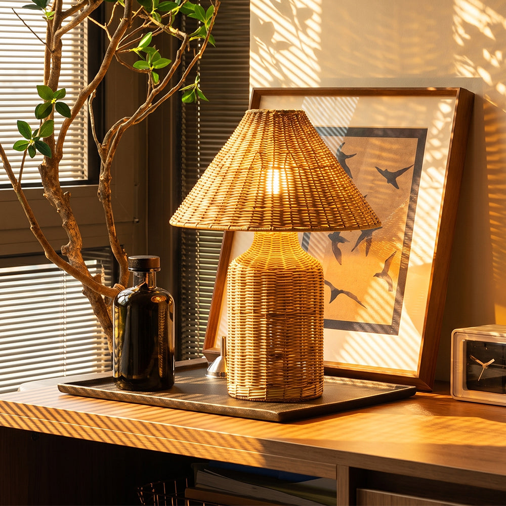 Boho Woven Rattan Table Lamp Organic Natural Lighting