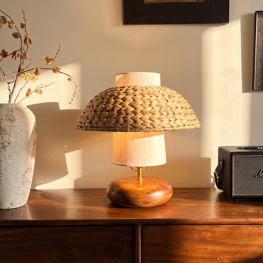 Wood & Woven Rattan Table Lamp Fabric Shade Bedside Light