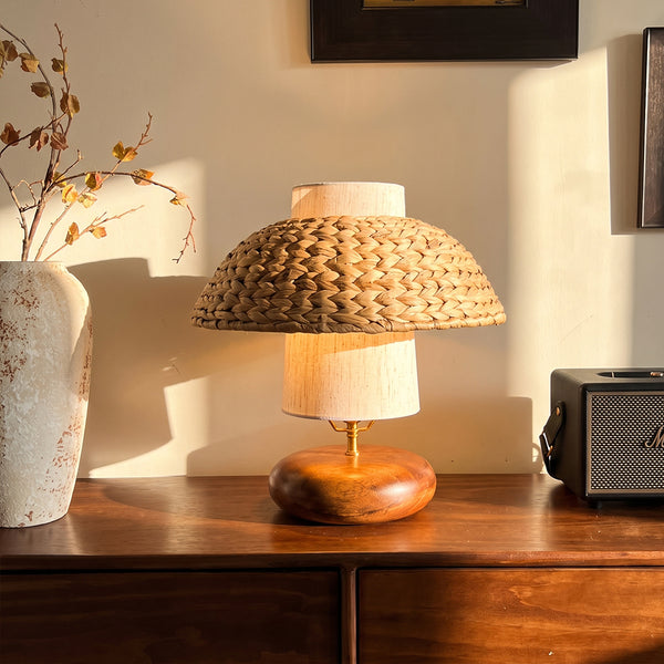 Wood & Woven Rattan Table Lamp Fabric Shade Bedside Light