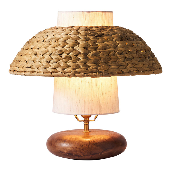 Wood & Woven Rattan Table Lamp Fabric Shade Bedside Light
