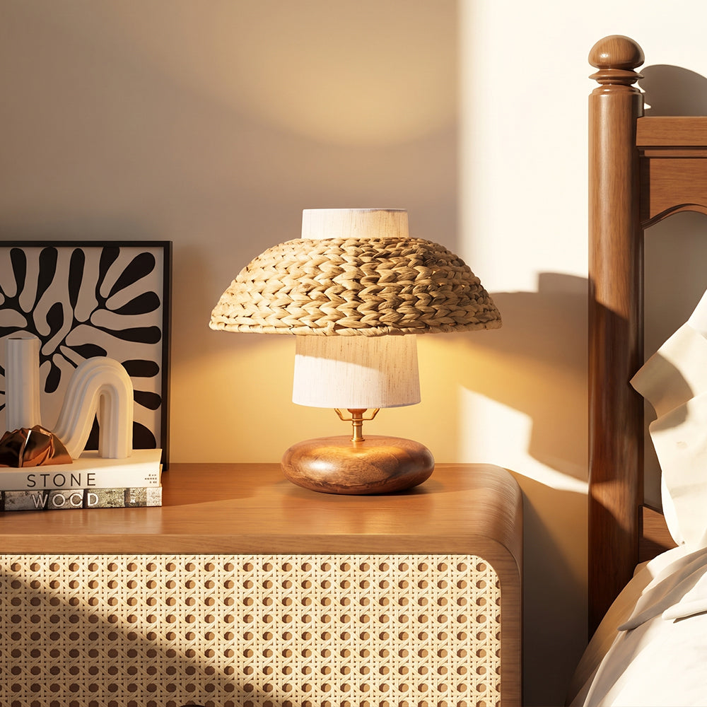 Wood & Woven Rattan Table Lamp Fabric Shade Bedside Light