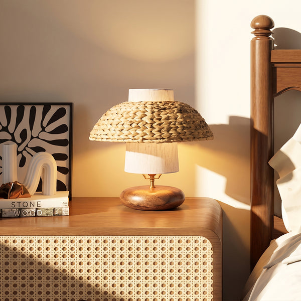 Wood & Woven Rattan Table Lamp Fabric Shade Bedside Light