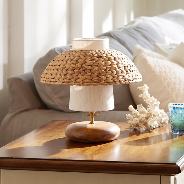 Wood & Woven Rattan Table Lamp Fabric Shade Bedside Light