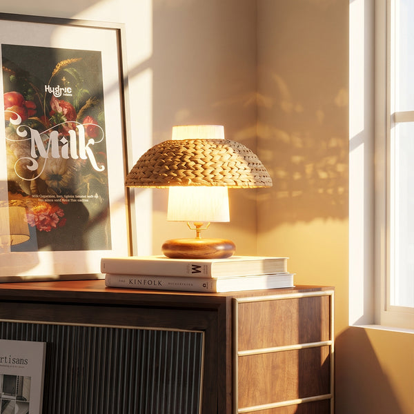 Wood & Woven Rattan Table Lamp Fabric Shade Bedside Light