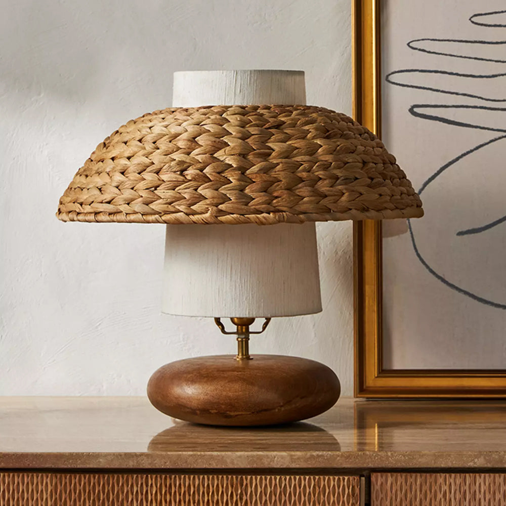 Wood & Woven Rattan Table Lamp Fabric Shade Bedside Light