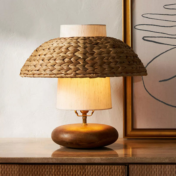 Wood & Woven Rattan Table Lamp Fabric Shade Bedside Light