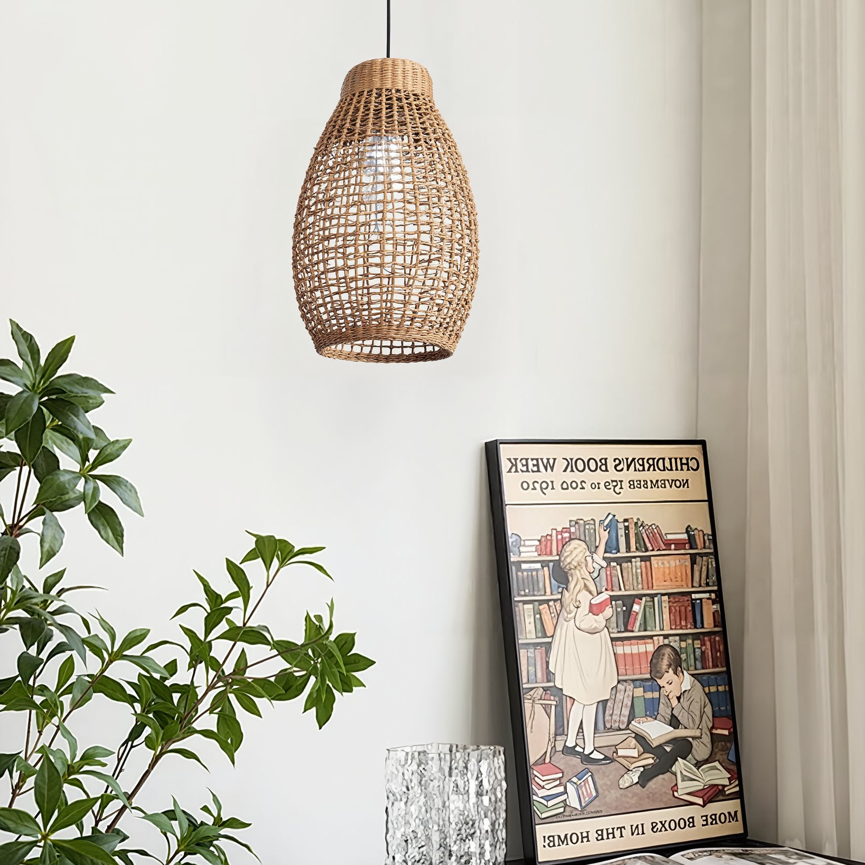 Rattan Teardrop Pendant Light Japandi Boho Weave Chandelier Secondary image