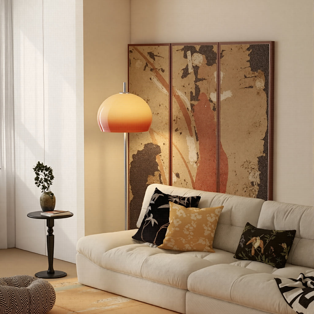 Mid-Century Mushroom Floor Lamp Amber Glass Standing Light