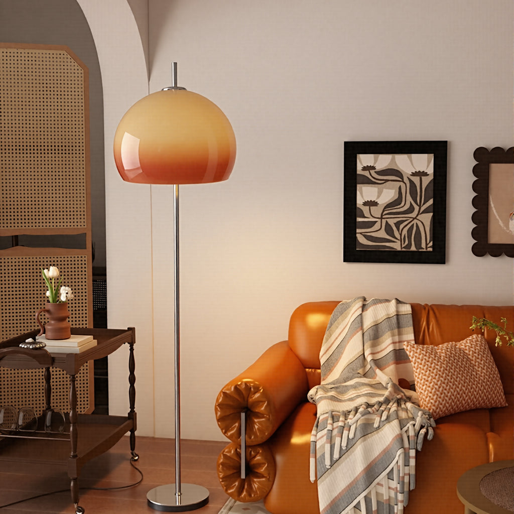 Mid-Century Mushroom Floor Lamp Amber Glass Standing Light