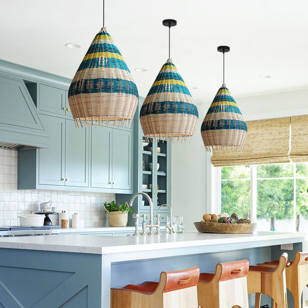 Southeast Asian Blue Rattan Pendant Light Kitchen Island Chandelier Main image