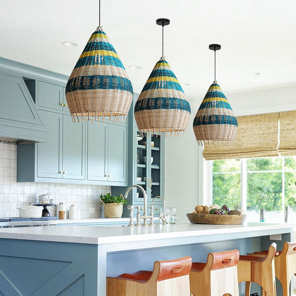 Southeast Asian Blue Rattan Pendant Light Kitchen Island Chandelier