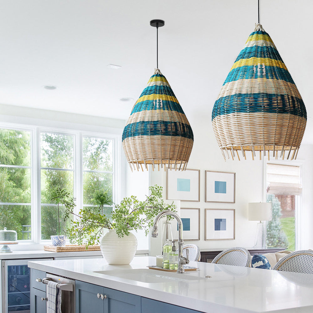 Southeast Asian Blue Rattan Pendant Light Kitchen Island Chandelier