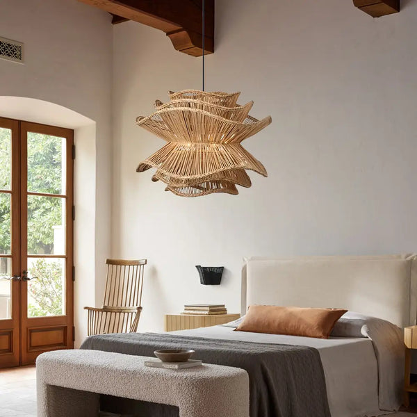 Flower Rattan Pendant Light Wicker Lampshade Chandelier