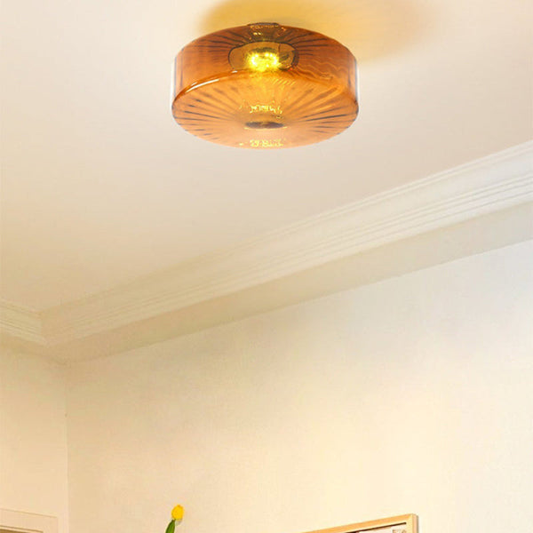 Vintage Amber Ribbed Glass Flush Mount Art Deco Ceiling Light