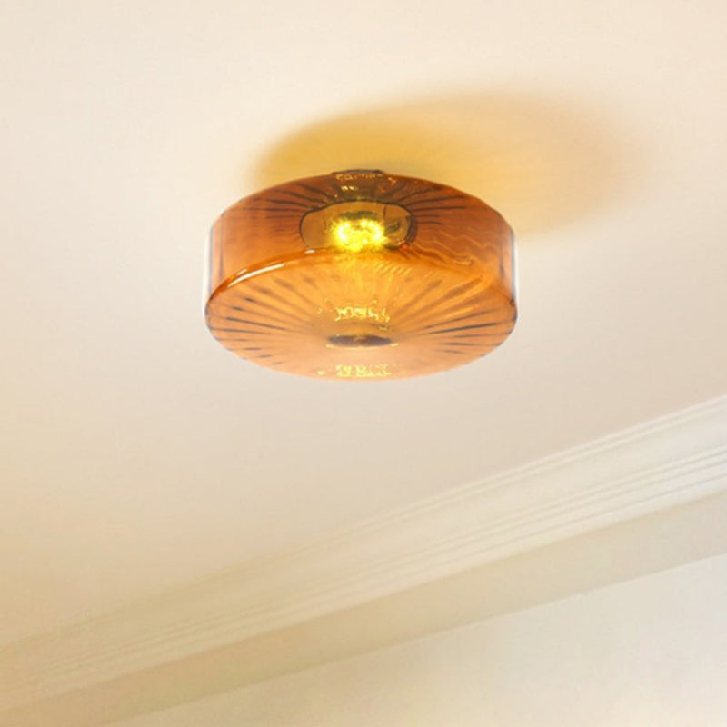 Vintage Amber Ribbed Glass Flush Mount Art Deco Ceiling Light