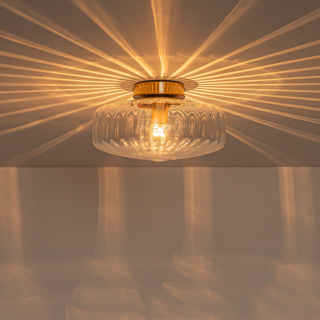 Vintage Amber Ribbed Glass Flush Mount Art Deco Ceiling Light