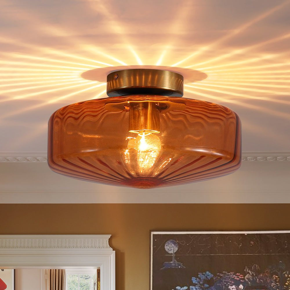 Vintage Amber Ribbed Glass Flush Mount Art Deco Ceiling Light