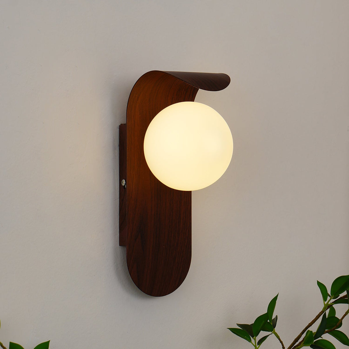 Mid-Century Walnut Glass Globe Wall Sconce Retro Bedside Wall Light