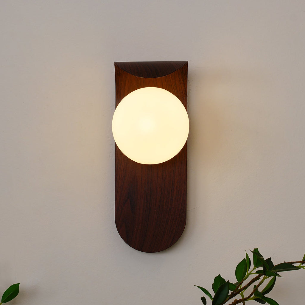 Mid-Century Walnut Glass Globe Wall Sconce Retro Bedside Wall Light