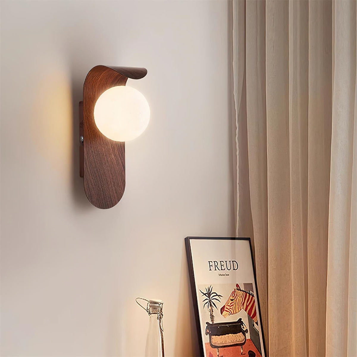 Mid-Century Walnut Glass Globe Wall Sconce Retro Bedside Wall Light Main image