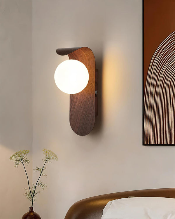Mid-Century Walnut Glass Globe Wall Sconce Retro Bedside Wall Light