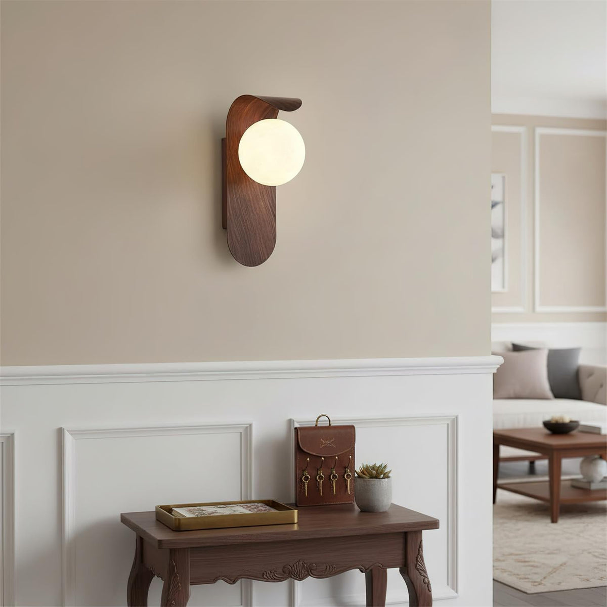 Mid-Century Walnut Glass Globe Wall Sconce Retro Bedside Wall Light
