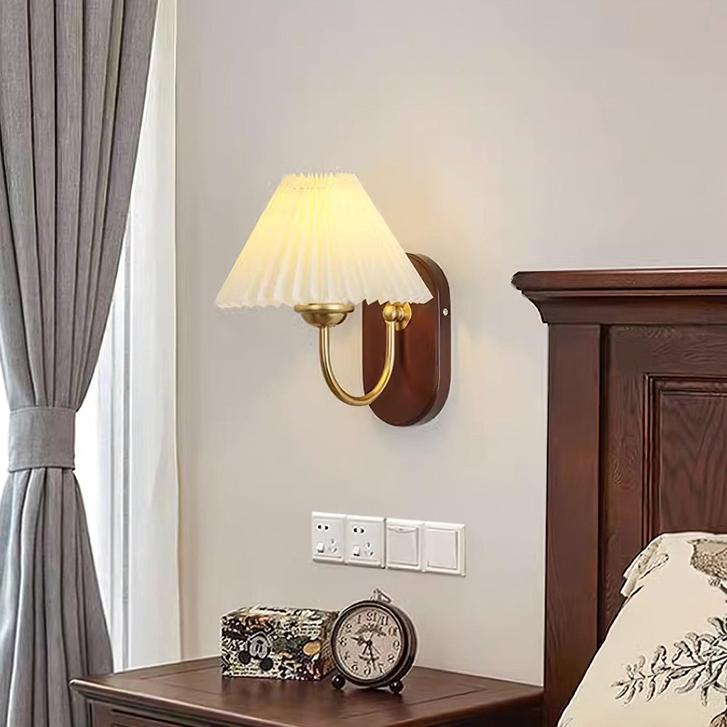 Plug-In Wall Lamp Pleated Fabric & Ash Wood Bedside Sconce