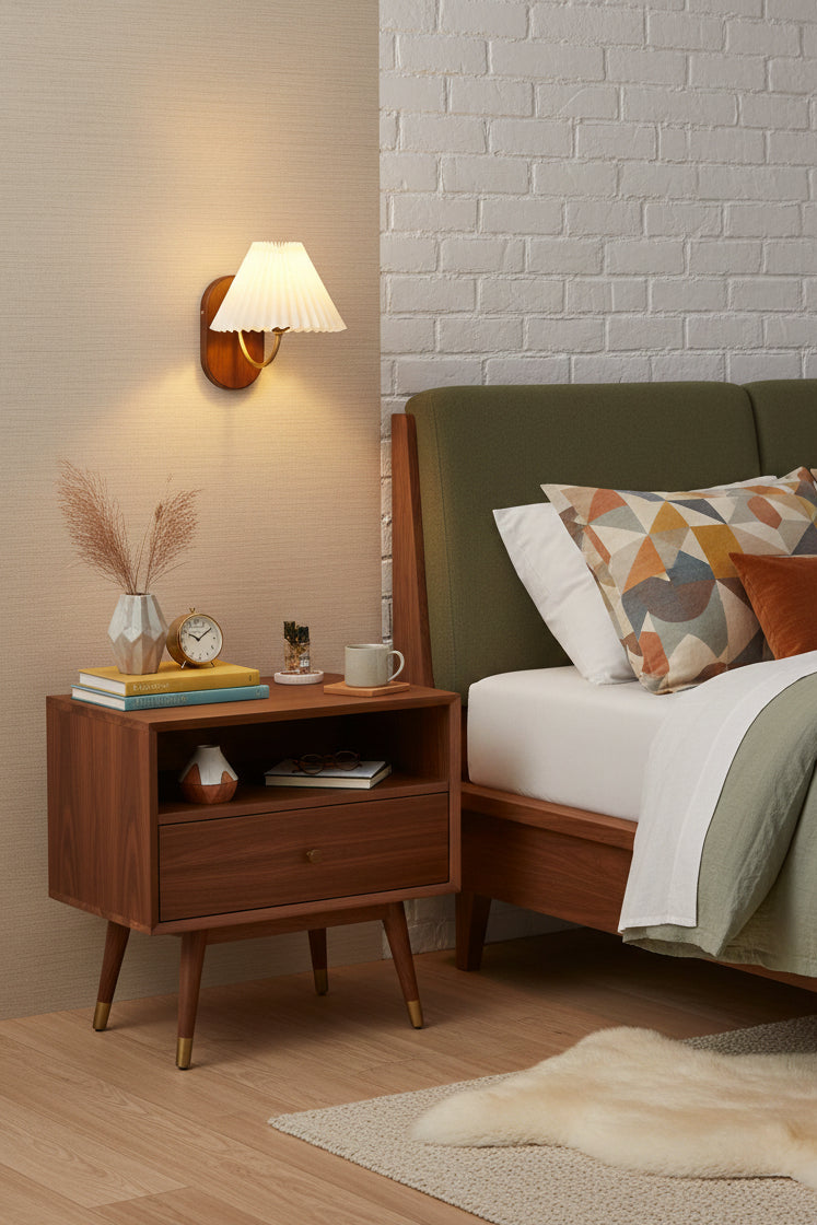 Plug-In Wall Lamp Pleated Fabric & Ash Wood Bedside Sconce