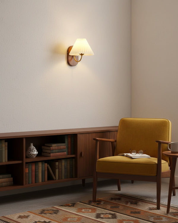 Plug-In Wall Lamp Pleated Fabric & Ash Wood Bedside Sconce