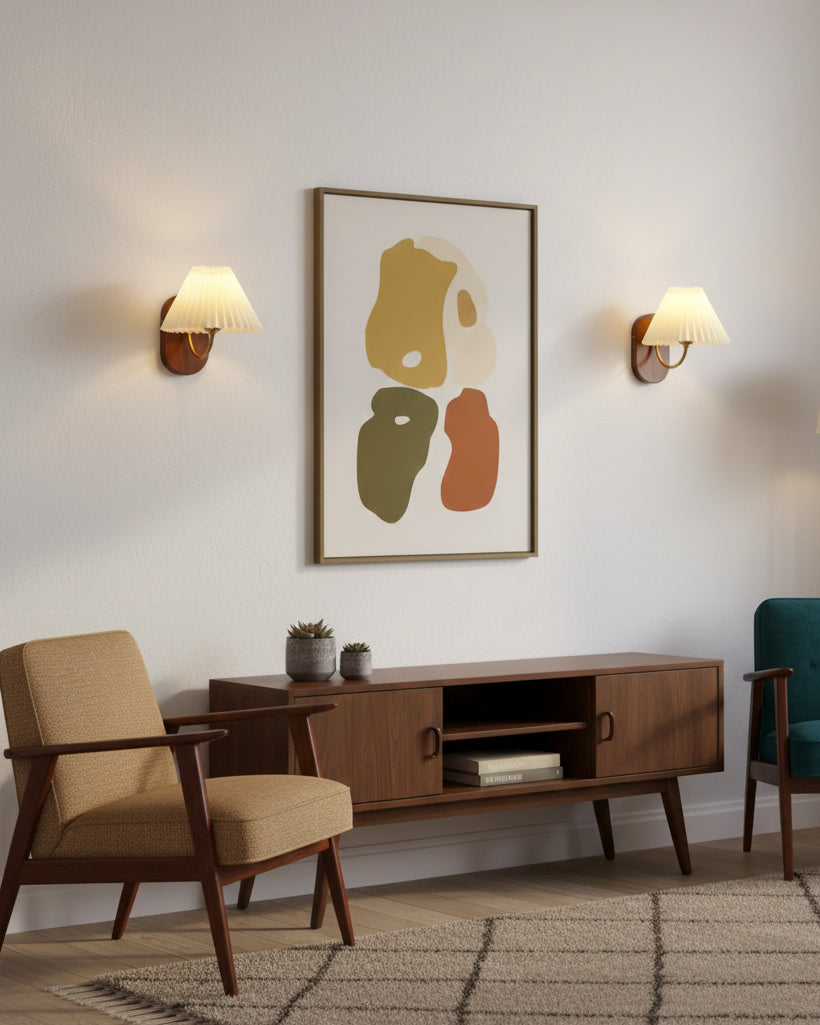 Plug-In Wall Lamp Pleated Fabric & Ash Wood Bedside Sconce