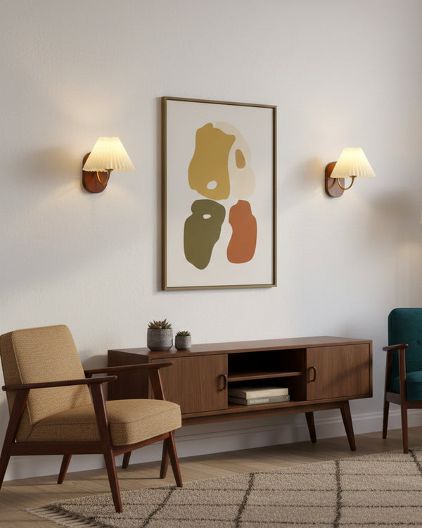 Plug-In Wall Lamp Pleated Fabric & Ash Wood Bedside Sconce