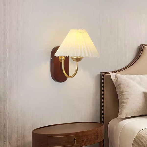 Plug-In Wall Lamp Pleated Fabric & Ash Wood Bedside Sconce