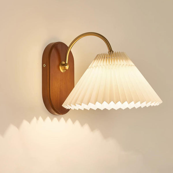Plug-In Wall Lamp Pleated Fabric & Ash Wood Bedside Sconce