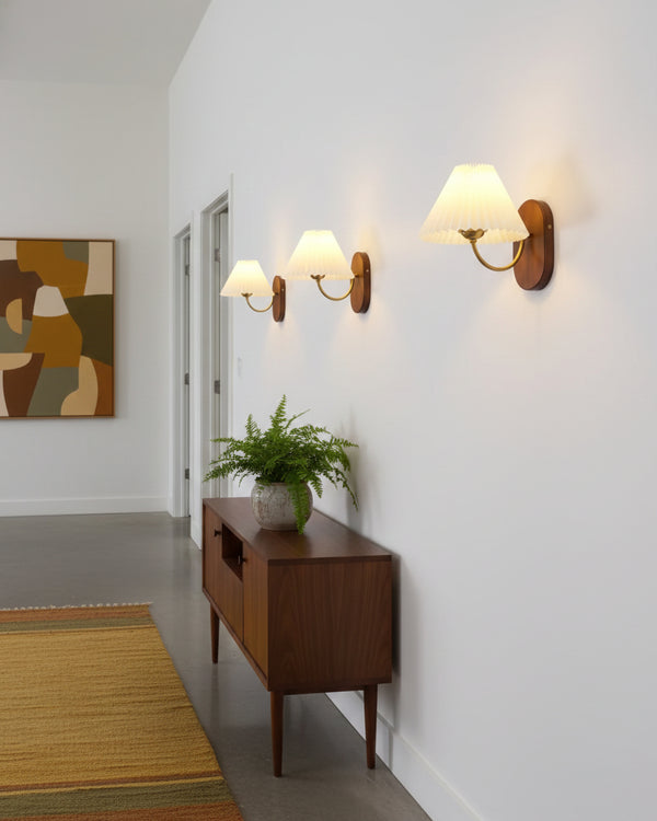 Plug-In Wall Lamp Pleated Fabric & Ash Wood Bedside Sconce