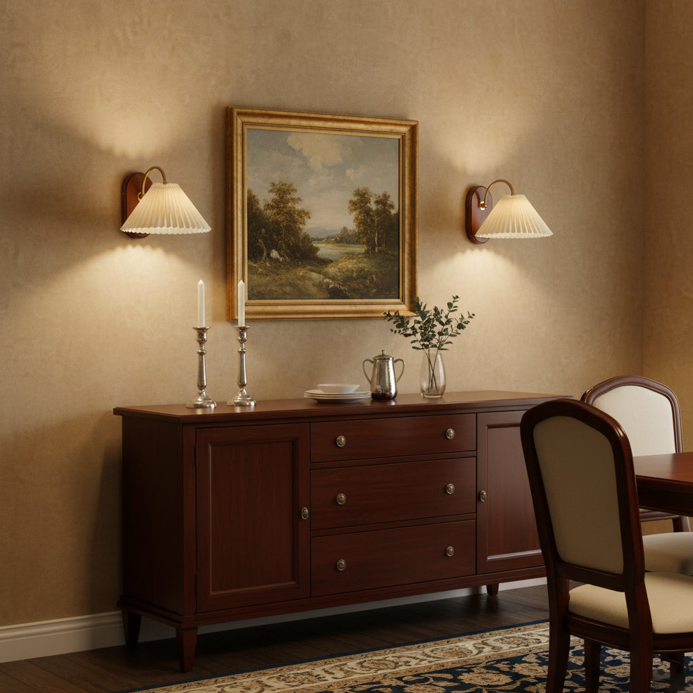 Plug-In Wall Lamp Pleated Fabric & Ash Wood Bedside Sconce